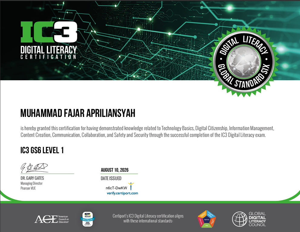 Sertifikat Internasional IC3 Digital Literacy GS6 Level 1